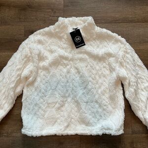 Studio White Crew Neck Sweater with Textured Cable Knit